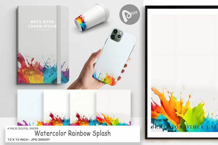 Digital Paper Watercolor Rainbow Splash