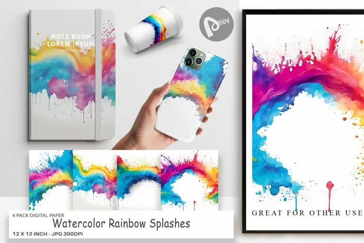 Digital Paper Watercolor Rainbow Splash