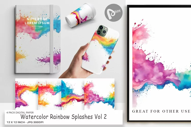 Digital Paper Watercolor Rainbow Splash
