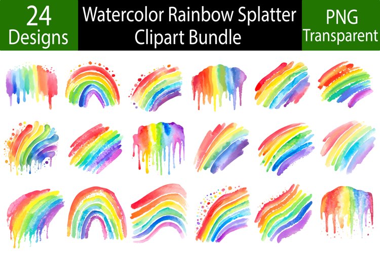 Watercolor Rainbow Splatter Clipart Bundle, 24 PNG Designs example image 1