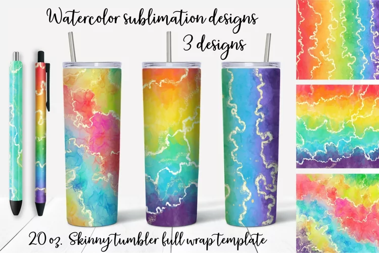 Watercolor rainbow sublimation design. Skinny tumbler wrap