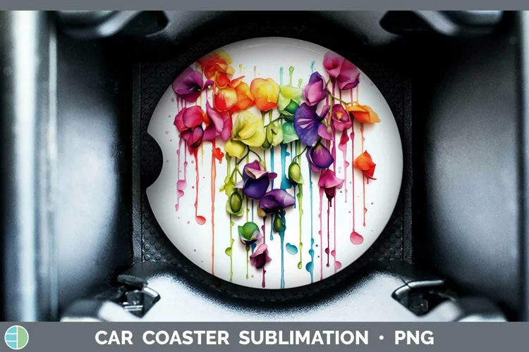 Watercolor Rainbow Sweet Pea Car Coaster | Sublimation Coast