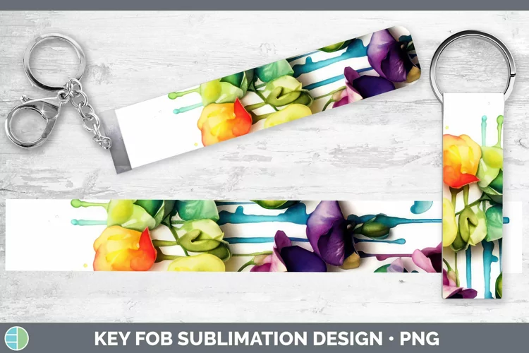 Watercolor Rainbow Sweet Pea Key Fob | Sublimation Wristlet