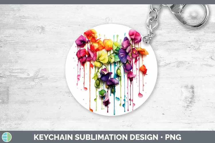 Watercolor Rainbow Sweet Pea Keychain | Sublimation Keyring
