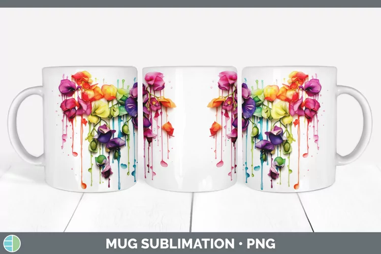Watercolor Rainbow Sweet Pea Mug Wrap | Sublimation Coffee C