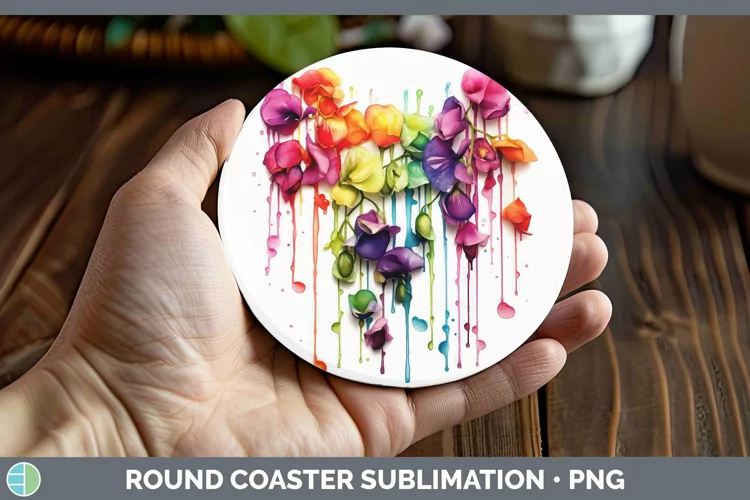 Watercolor Rainbow Sweet Pea Round Coaster | Sublimation Coa