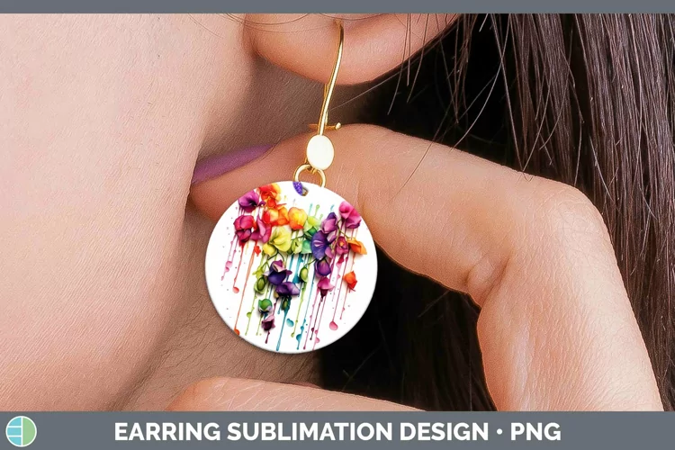 Watercolor Rainbow Sweet Pea Round Earrings | Sublimation Ea