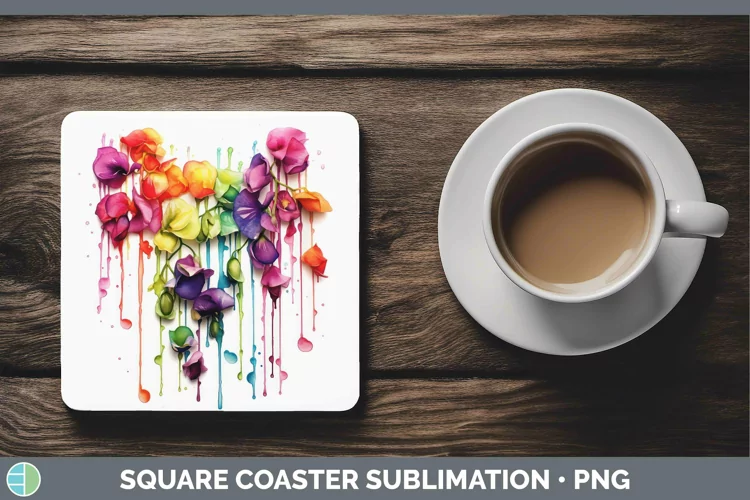 Watercolor Rainbow Sweet Pea Square Coaster | Sublimation Co