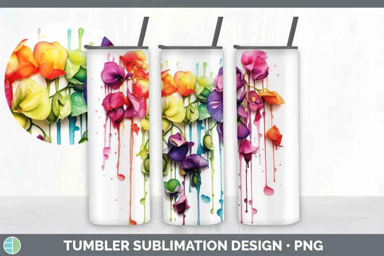 Watercolor Rainbow Sweet Pea Tumbler | Sublimation 20 oz Ski