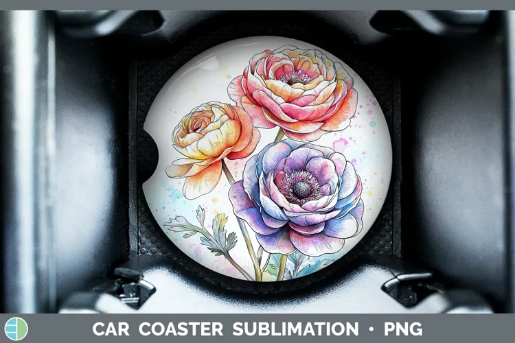 Watercolor Ranunculus Car Coaster Sublimation Designs