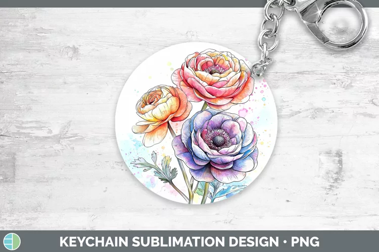Watercolor Ranunculus Keychain Sublimation Keyring Designs