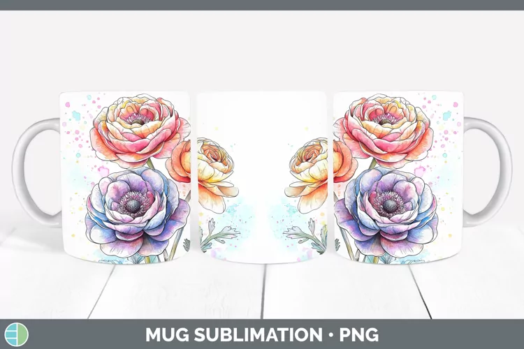 Watercolor Ranunculus Mug Wrap Sublimation Coffee Cup Design