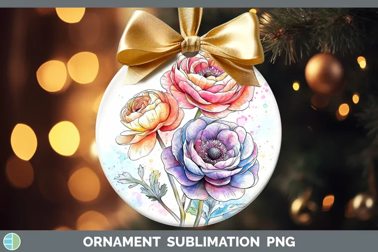 Watercolor Ranunculus Ornament Sublimation Bauble Designs