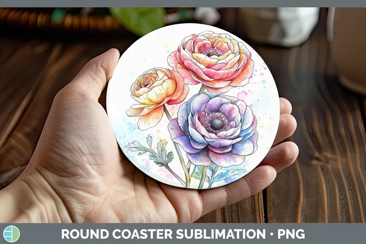 Watercolor Ranunculus Round Coaster Sublimation Coaster Desi