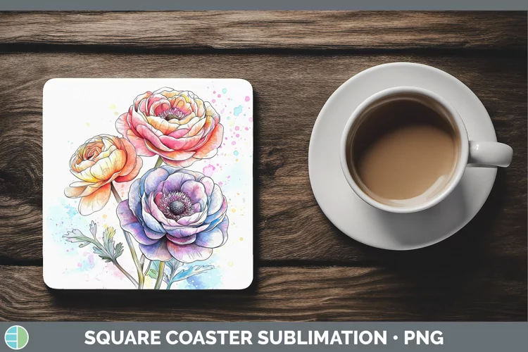 Watercolor Ranunculus Square Coaster Sublimation Coaster Des