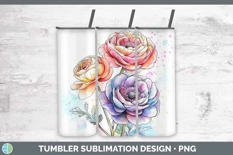 Watercolor Ranunculus Tumbler Sublimation 20 oz Skinny Tumbl