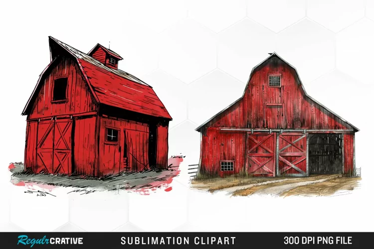 Watercolor Red Barn Graphics Clipart