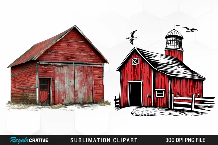 Watercolor Red Barn Graphics Clipart