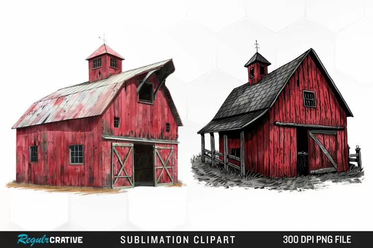 Watercolor Red Barn Graphics Clipart