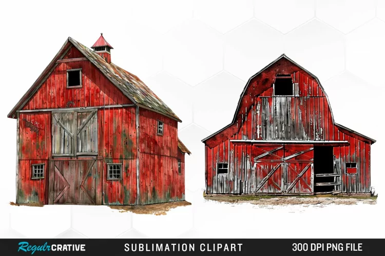 Watercolor Red Barn Graphics Clipart