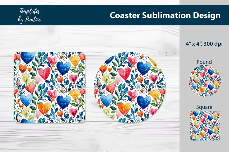 Red Blue Heart Round Coaster Sublimation Design