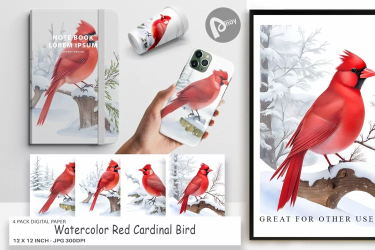 Digital Paper Watercolor Cardinal Bird