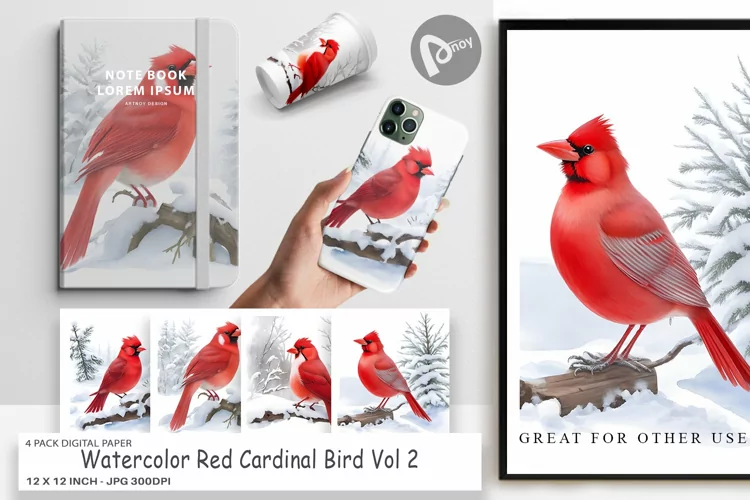 Digital Paper Watercolor Cardinal Bird
