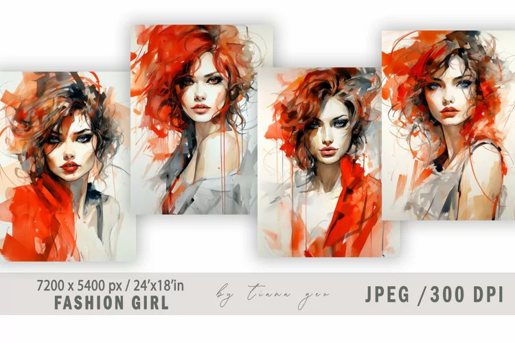 Watercolor fashion girl illustration for posters - 4 jpgs