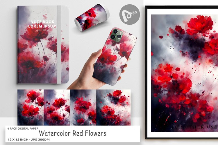 Digital Paper Watercolor Red Flowers