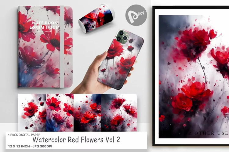 Digital Paper Watercolor Red Flowers