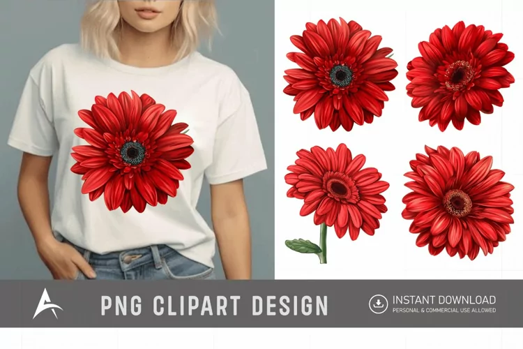 Watercolor Red Gerbera Daisy Flowers Clipart
