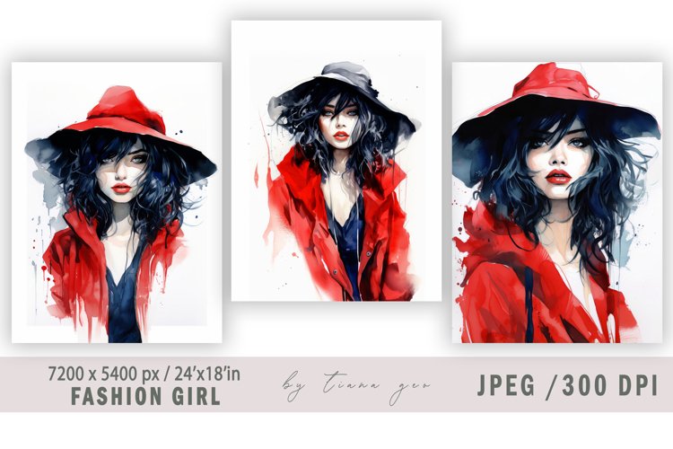 Watercolor fashion girl illustration for posters - 3 jpgs