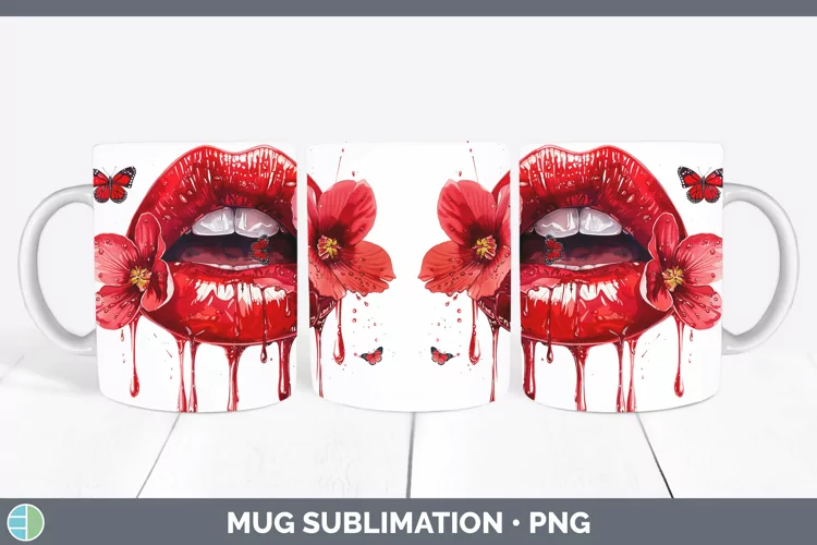 Watercolor Red Lips Mug Wrap Sublimation Coffee Cup Designs