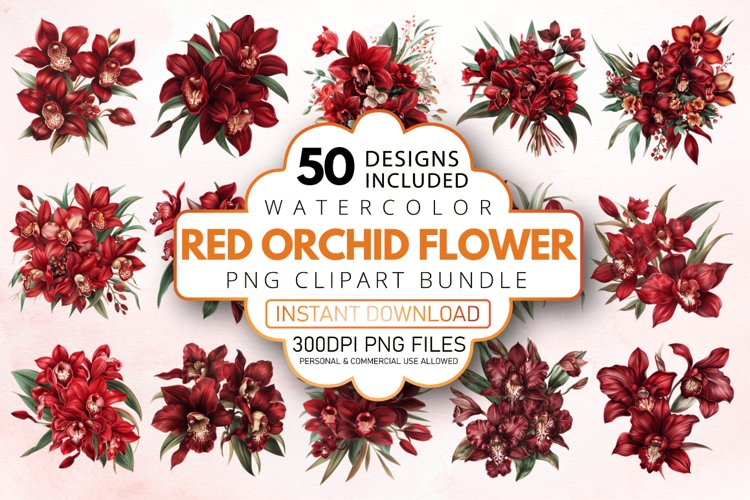 Watercolor Red Orchid Flower Clipart Bundle