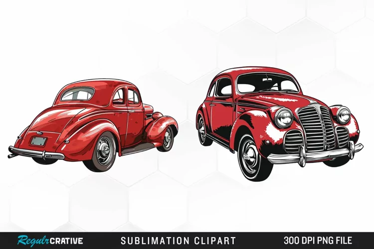 Watercolor Red Retro Car Illustration Clipart