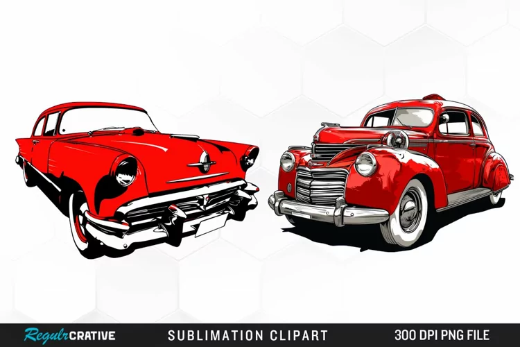 Watercolor Red Retro Car Illustration Clipart