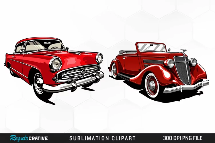 Watercolor Red Retro Car Illustration Clipart