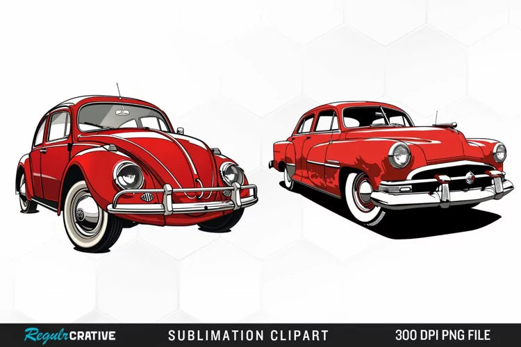 Watercolor Red Retro Car Illustration Clipart