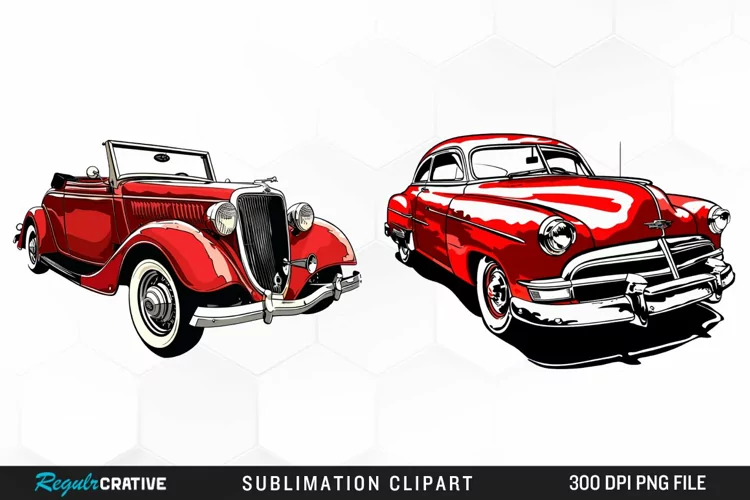 Watercolor Red Retro Car Illustration Clipart