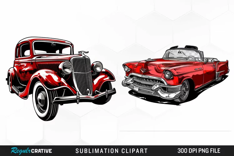 Watercolor Red Retro Car Illustration Clipart