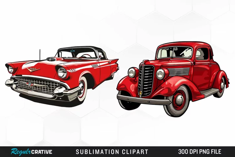 Watercolor Red Retro Car Illustration Clipart