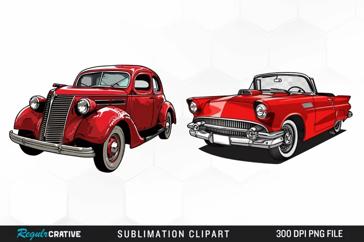 Watercolor Red Retro Car Illustration Clipart
