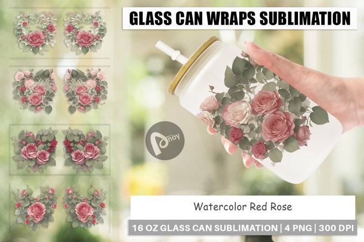 Glass Can Wraps Watercolor Red Rose example image 1