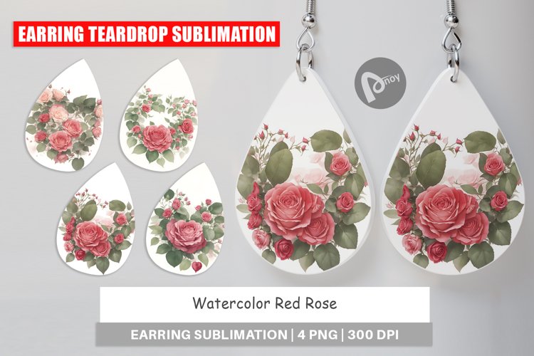 Earring teardrop design Watercolor Red Rose