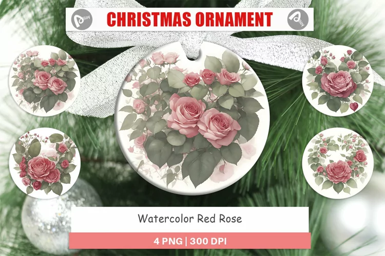 Christmas Ornaments Watercolor Red Rose