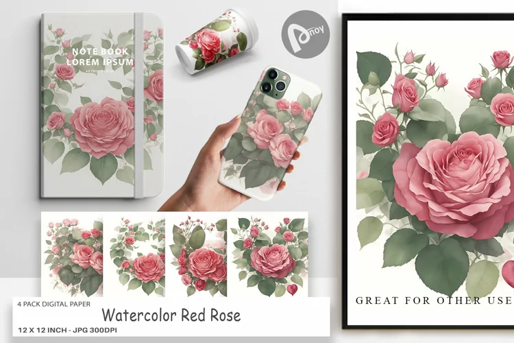 Digital Paper Watercolor Red Rose
