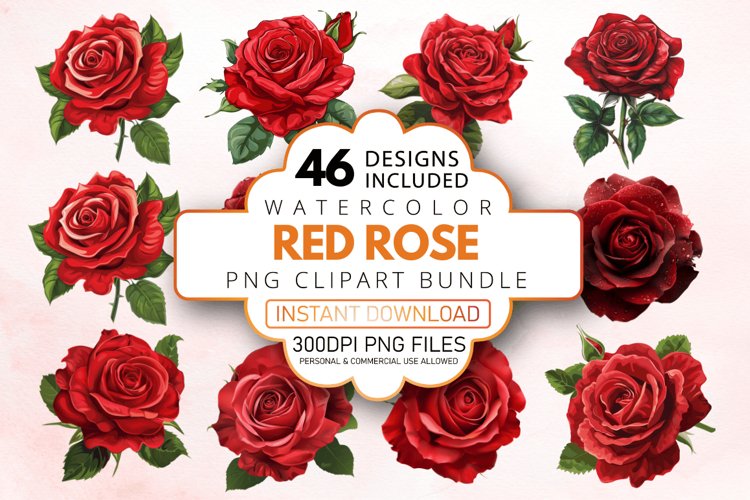 Watercolor Red Rose Clipart Bundle