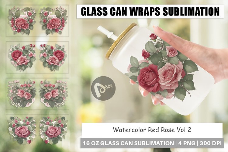 Glass Can Wraps Watercolor Red Rose