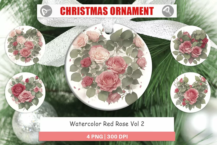 Christmas Ornaments Watercolor Red Rose