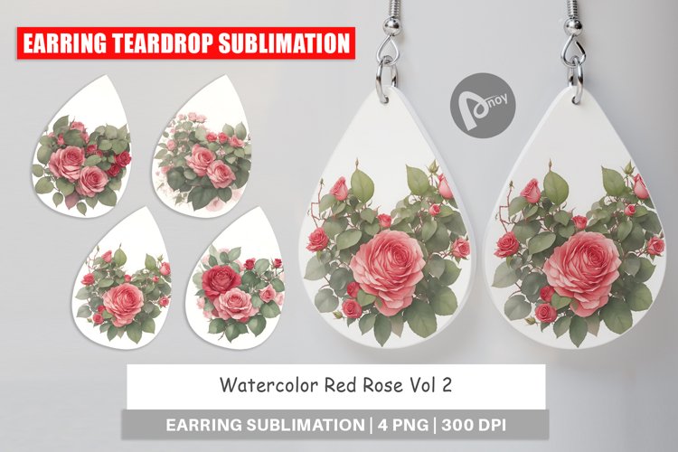 Earring teardrop design Watercolor Red Rose example image 1